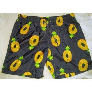 Ennea Mens Drawstring Swim Trunks Black Gold & Green Pineapple Rings US Size L